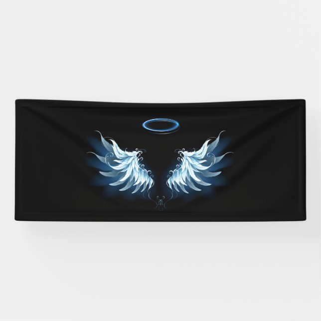 Blue Glows Angel Wings auf schwarzem Hintergrund Banner (Horizontal)