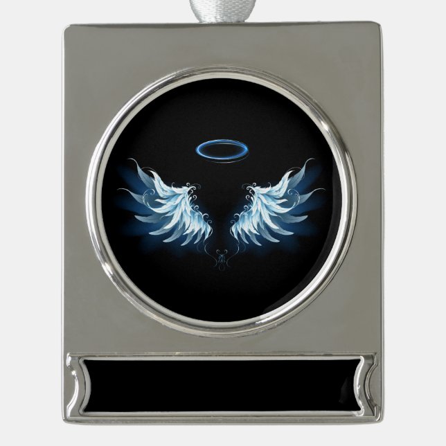 Blue Glows Angel Wings auf schwarzem Hintergrund Banner-Ornament Silber (Vorderseite)