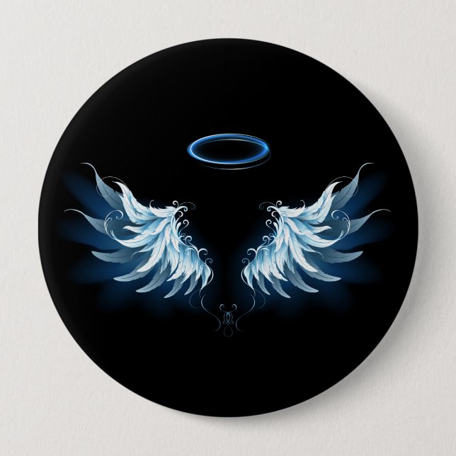 Blue Glows Angel Wings auf schwarzem Hintergrund Button (Vorderseite)
