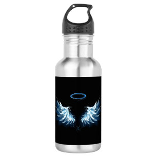 Blue Glows Angel Wings auf schwarzem Hintergrund Edelstahlflasche