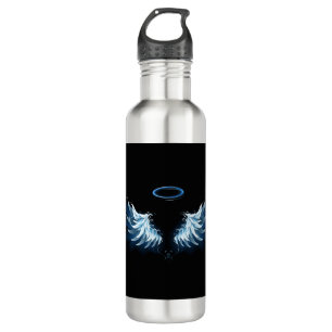 Blue Glows Angel Wings auf schwarzem Hintergrund Edelstahlflasche