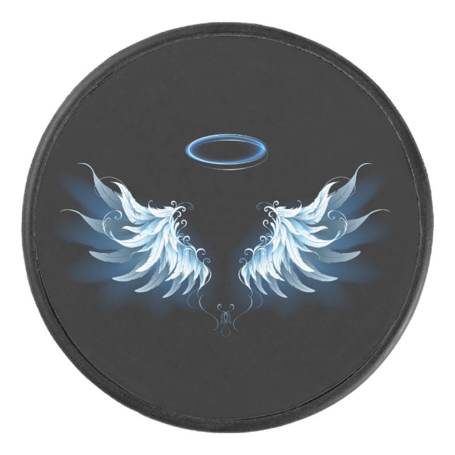 Blue Glows Angel Wings auf schwarzem Hintergrund Eishockey Puck (Vorderseite)