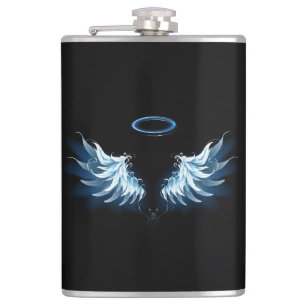 Blue Glows Angel Wings auf schwarzem Hintergrund Flachmann