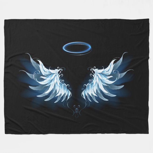 Blue Glows Angel Wings auf schwarzem Hintergrund Fleecedecke (Vorderseite (Horizontal))