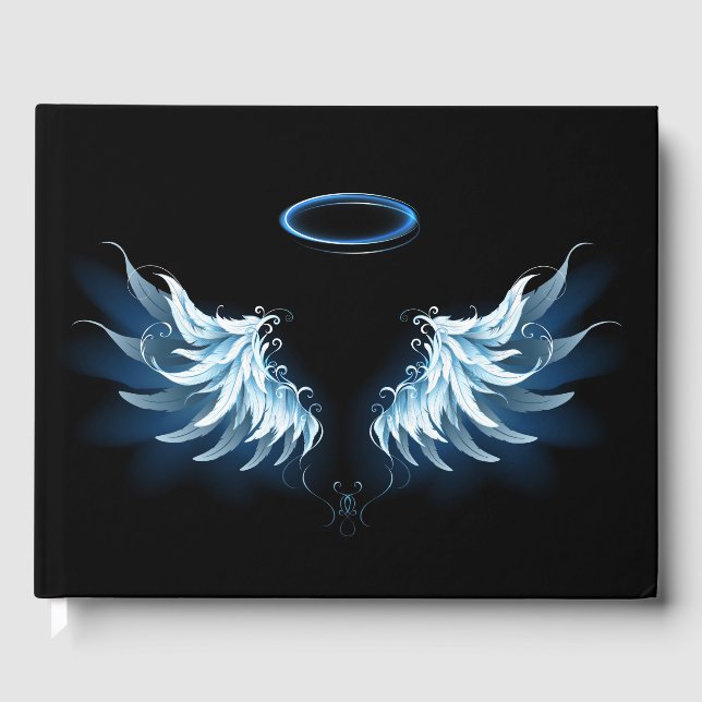 Blue Glows Angel Wings auf schwarzem Hintergrund Gästebuch (Vorderseite)