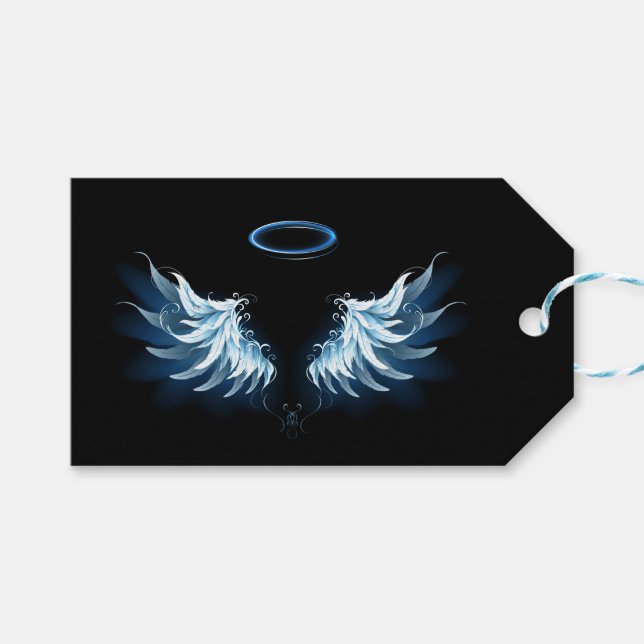 Blue Glows Angel Wings auf schwarzem Hintergrund Geschenkanhänger (Vorderseite (Horizontal))