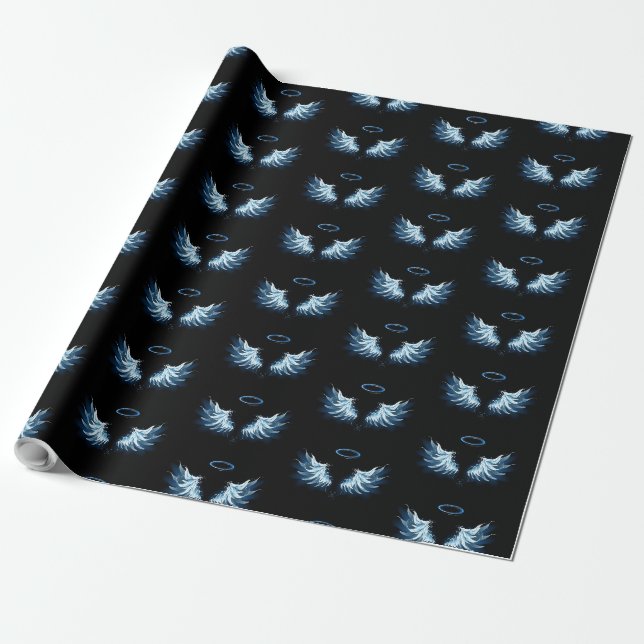 Blue Glows Angel Wings auf schwarzem Hintergrund Geschenkpapier (Ungerollt)