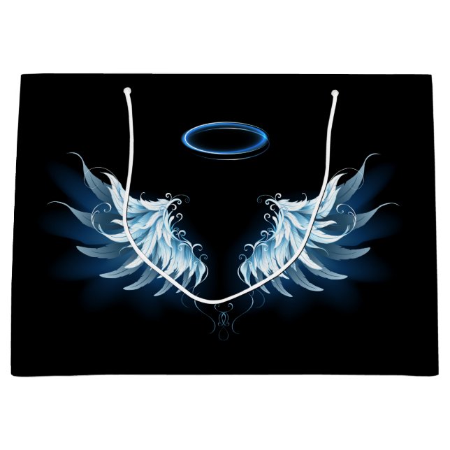 Blue Glows Angel Wings auf schwarzem Hintergrund Große Geschenktüte (Vorderseite)