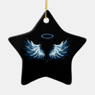 Blue Glows Angel Wings auf schwarzem Hintergrund Keramik Ornament