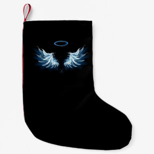 Blue Glows Angel Wings auf schwarzem Hintergrund Kleiner Weihnachtsstrumpf
