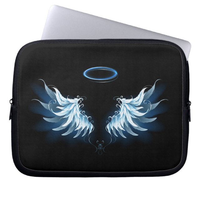 Blue Glows Angel Wings auf schwarzem Hintergrund Laptopschutzhülle (Vorderseite)