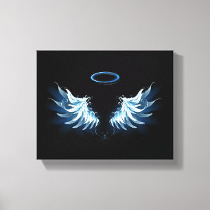Blue Glows Angel Wings auf schwarzem Hintergrund Leinwanddruck