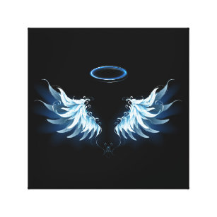 Blue Glows Angel Wings auf schwarzem Hintergrund Leinwanddruck
