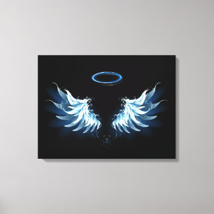 Blue Glows Angel Wings auf schwarzem Hintergrund Leinwanddruck