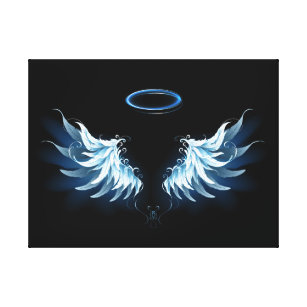 Blue Glows Angel Wings auf schwarzem Hintergrund Leinwanddruck