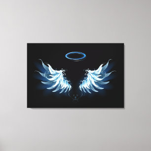 Blue Glows Angel Wings auf schwarzem Hintergrund Leinwanddruck