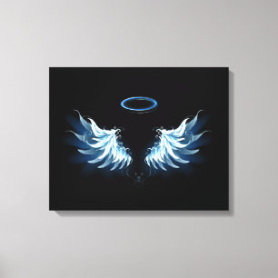 Blue Glows Angel Wings auf schwarzem Hintergrund Leinwanddruck