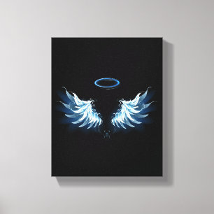 Blue Glows Angel Wings auf schwarzem Hintergrund Leinwanddruck