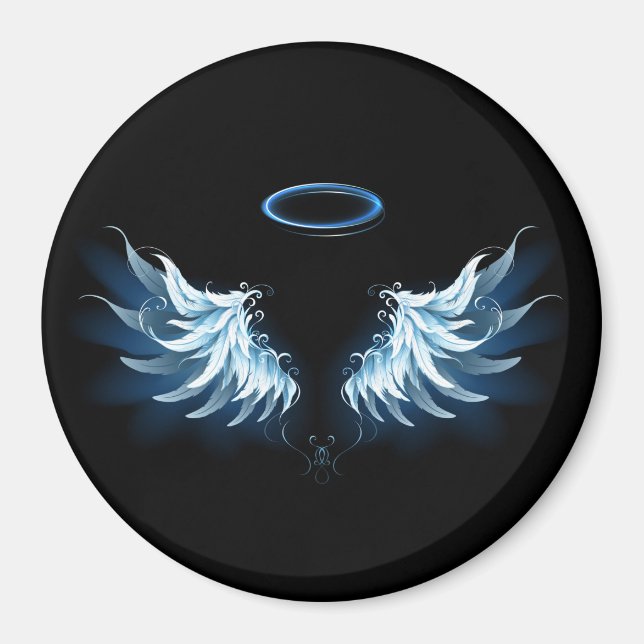 Blue Glows Angel Wings auf schwarzem Hintergrund Magnet (Vorne)