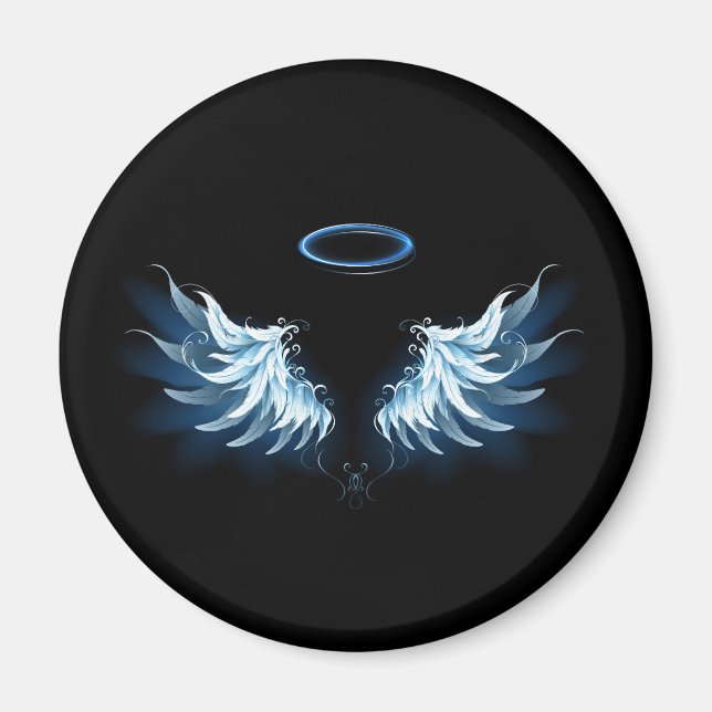 Blue Glows Angel Wings auf schwarzem Hintergrund Magnet (Vorne)