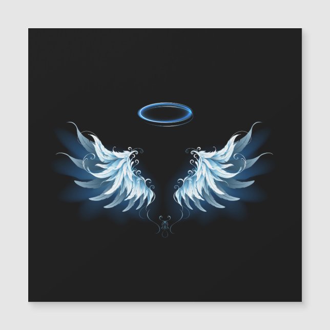 Blue Glows Angel Wings auf schwarzem Hintergrund Magneteinladung (Vorderseite)