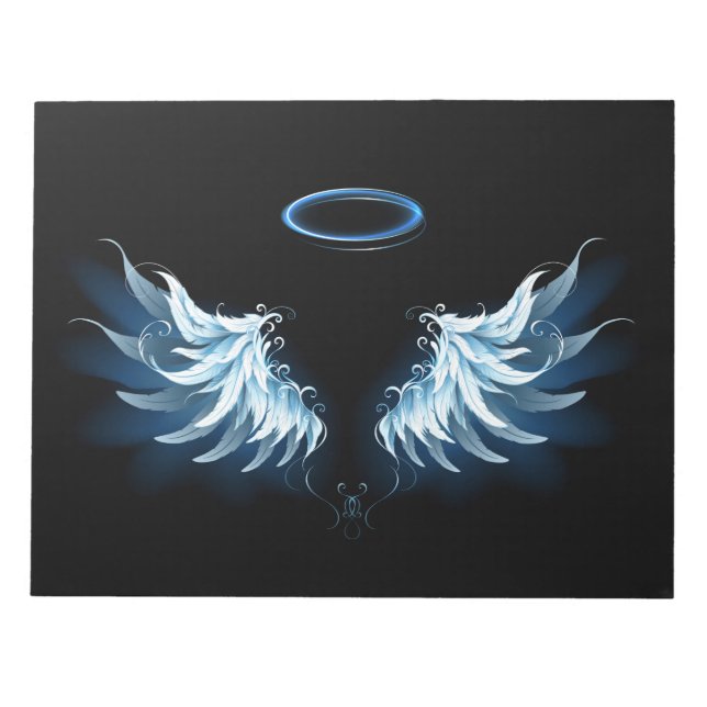 Blue Glows Angel Wings auf schwarzem Hintergrund Notizblock (Vorderseite)