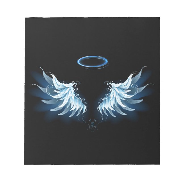 Blue Glows Angel Wings auf schwarzem Hintergrund Notizblock (Vorderseite)