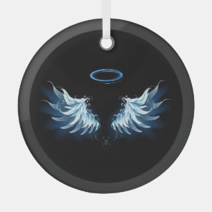 Blue Glows Angel Wings auf schwarzem Hintergrund Ornament Aus Glas