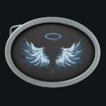 Blue Glows Angel Wings auf schwarzem Hintergrund Ovale Gürtelschnalle<br><div class="desc">Helle,  künstlerische,  blaue Engelsflügel auf schwarzem Hintergrund. Engel Flügel.</div>