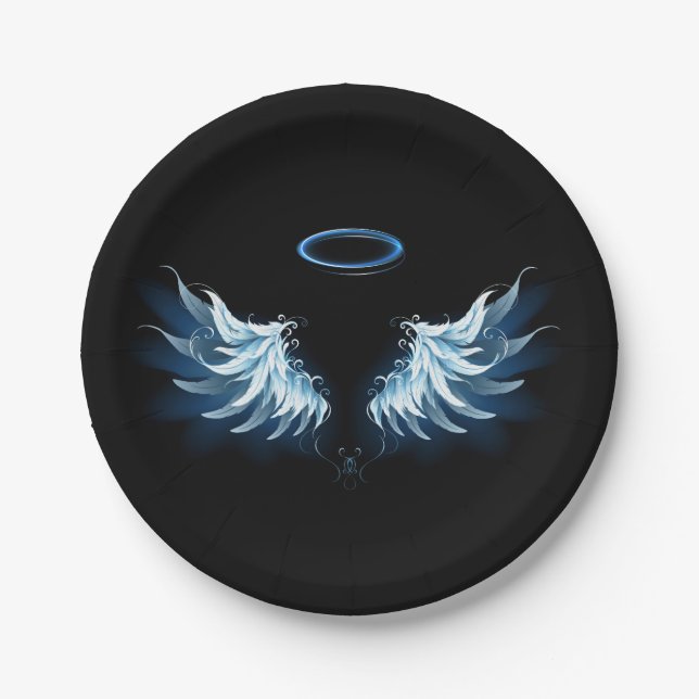 Blue Glows Angel Wings auf schwarzem Hintergrund Pappteller (Vorderseite)
