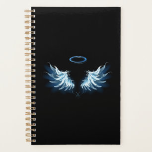 Blue Glows Angel Wings auf schwarzem Hintergrund Planer
