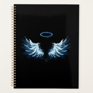 Blue Glows Angel Wings auf schwarzem Hintergrund Planer