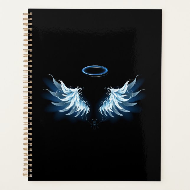 Blue Glows Angel Wings auf schwarzem Hintergrund Planer (Vorderseite)