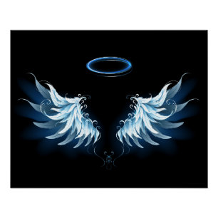 Blue Glows Angel Wings auf schwarzem Hintergrund Poster