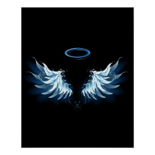 Blue Glows Angel Wings auf schwarzem Hintergrund Poster