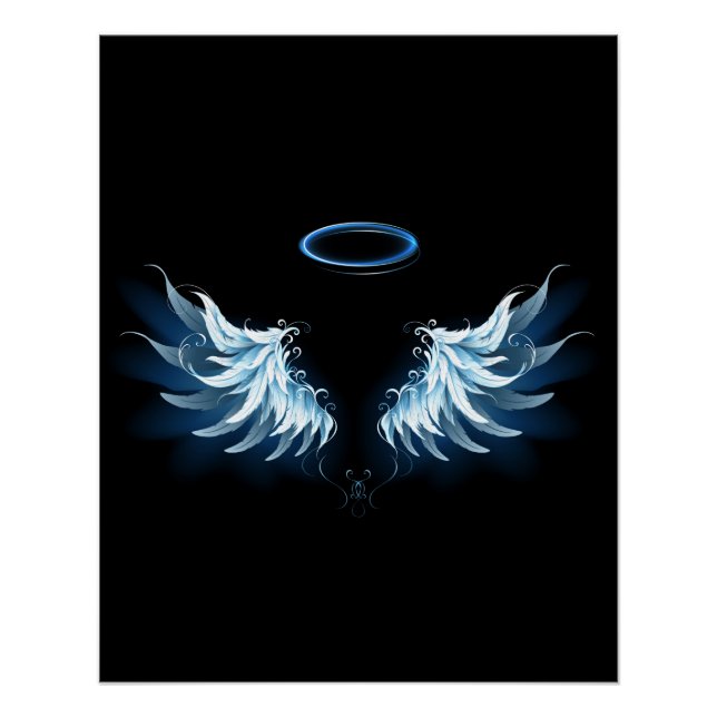 Blue Glows Angel Wings auf schwarzem Hintergrund Poster (Vorderseite)