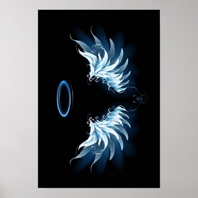 Blue Glows Angel Wings auf schwarzem Hintergrund Poster (Vorne)