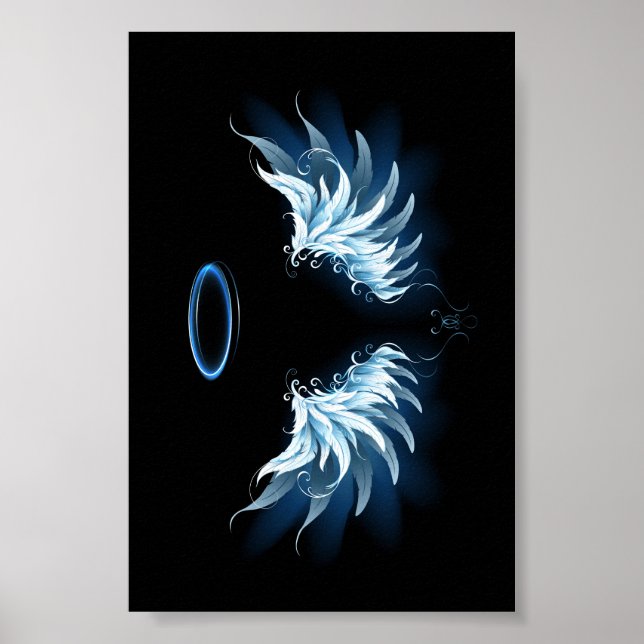 Blue Glows Angel Wings auf schwarzem Hintergrund Poster (Vorne)