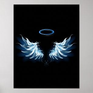 Blue Glows Angel Wings auf schwarzem Hintergrund Poster
