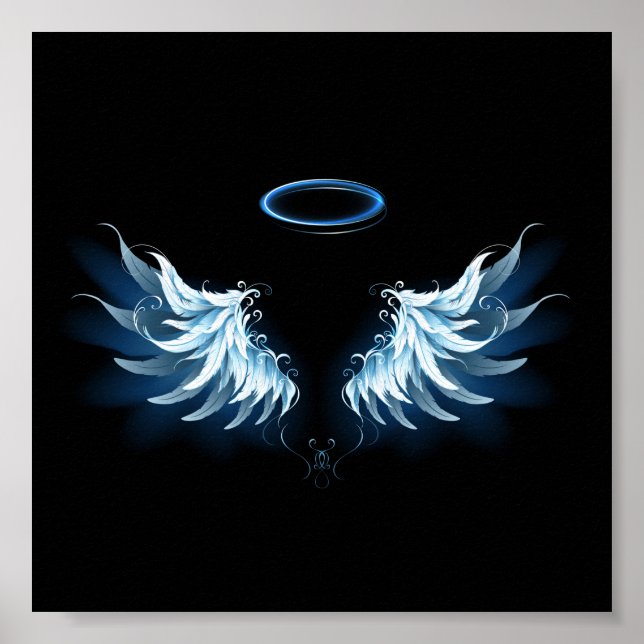 Blue Glows Angel Wings auf schwarzem Hintergrund Poster (Vorne)