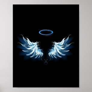 Blue Glows Angel Wings auf schwarzem Hintergrund Poster