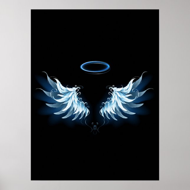 Blue Glows Angel Wings auf schwarzem Hintergrund Poster (Vorne)