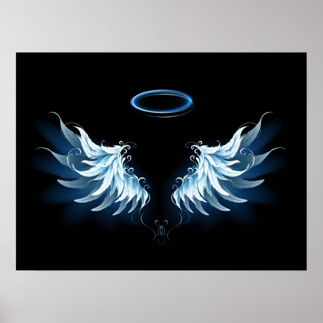 Blue Glows Angel Wings auf schwarzem Hintergrund Poster (Vorne)