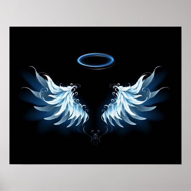 Blue Glows Angel Wings auf schwarzem Hintergrund Poster (Vorne)