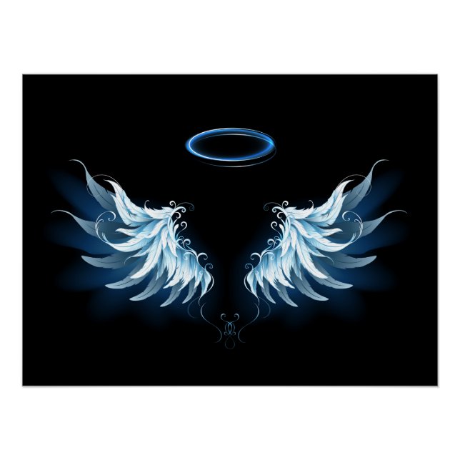 Blue Glows Angel Wings auf schwarzem Hintergrund Poster (Vorderseite)