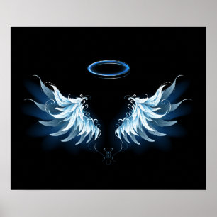 Blue Glows Angel Wings auf schwarzem Hintergrund Poster