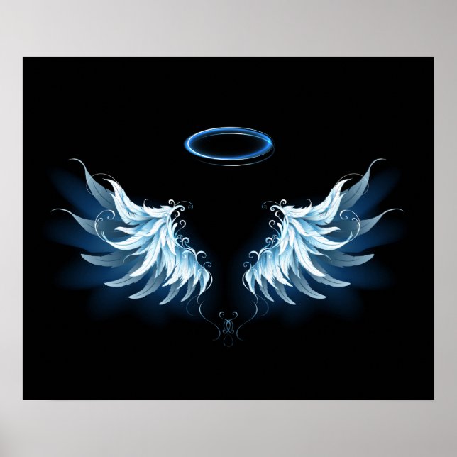 Blue Glows Angel Wings auf schwarzem Hintergrund Poster (Vorne)