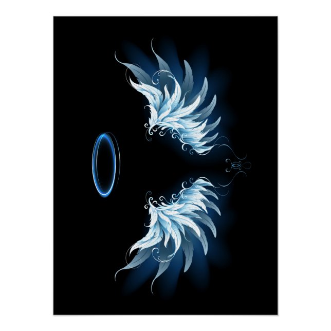 Blue Glows Angel Wings auf schwarzem Hintergrund Poster (Vorderseite)