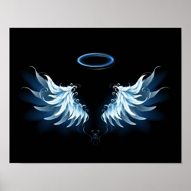 Blue Glows Angel Wings auf schwarzem Hintergrund Poster (Vorne)