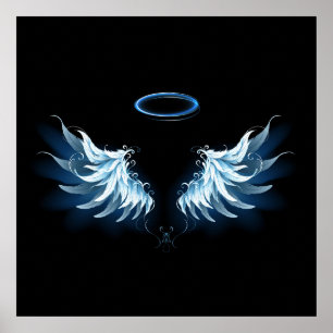 Blue Glows Angel Wings auf schwarzem Hintergrund Poster